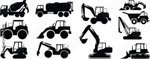 Heavy construction machinery silhouette icons set, excavator loader bulldozer truck vehicles collection, industrial engineering equipment, roadwork and mining, flat vector illustration isolated