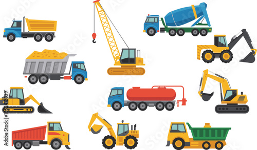Heavy Construction Machinery Vector Set with Excavators Dump Trucks Concrete Mixer Crane and Tanker Truck Isolated on Plain White Background