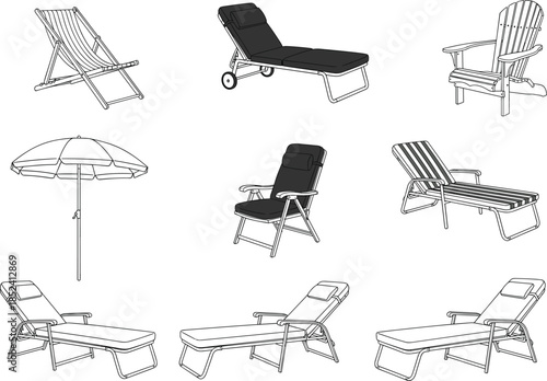 Outdoor lounge chair and sunbed vector illustration set with patio furniture umbrella line art isolated on white background