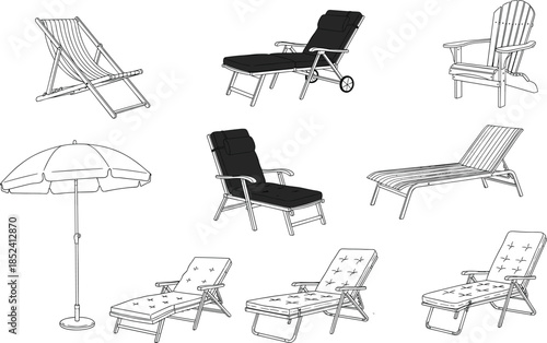 Outdoor lounge furniture vector illustration set with beach chairs sunbeds and umbrella line art isolated on white background summer design