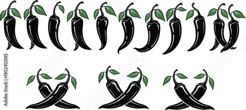 Black chili pepper vector illustration set with spicy vegetable icons decorative arrangements isolated on white background food design concept