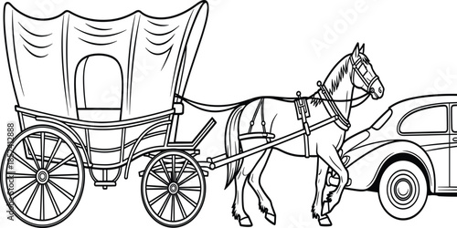 Horse drawn carriage vector illustration with vintage wagon and classic automobile outline style isolated on white background transportation history concept