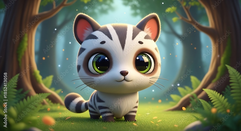 Obraz premium Adorable Cartoon Kitten in Enchanted Forest - A Whimsical Adventure.