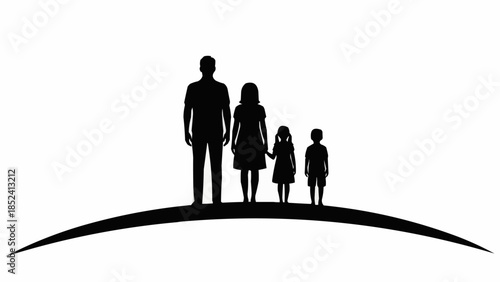 Family Silhouette Standing Together on Hill.
