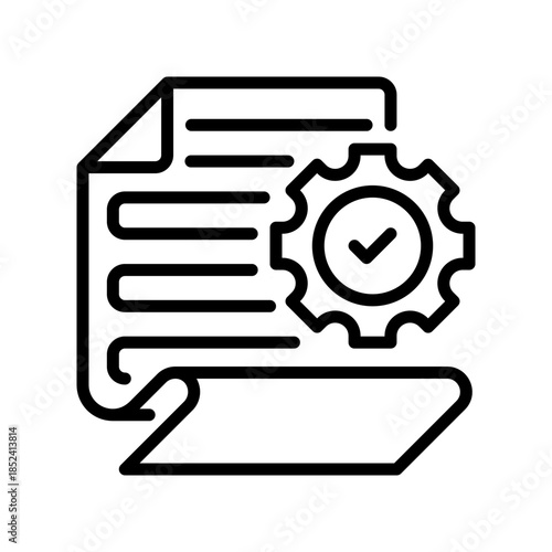 Paper with Gear Line Icon, Outline Symbol for System Settings, Configuration Documentation, Process Adjustment, Technical Specification, and Workflow Setup. Vector Sign Icon.