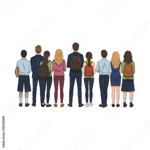 Diverse Group of Students Standing Together from Behind.