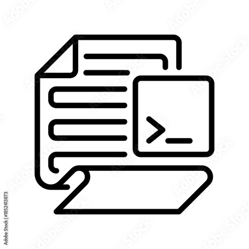 Paper with Terminal Line Icon, Outline Symbol for Technical Documentation, Code Reference, Programming Guide, System Manual, and Software Instruction. Vector Sign Icon.