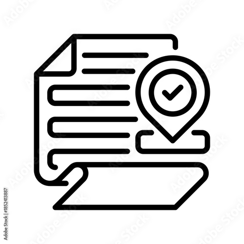 Paper with Map Pin Line Icon, Outline Symbol for Location Document, Address Record, Direction Guide, Travel Itinerary, and Geographic Data. Vector Sign Icon.