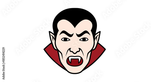Menacing cartoon vampire character head with sharp fangs and a classic dark collar, evoking a spooky atmosphere for Halloween and fantasy themes