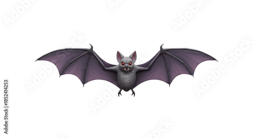 A detailed illustration of a bat with its wings spread wide, featuring glowing red eyes and a dark, grey body against a white background, perfect for Halloween or spooky themes