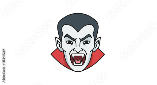 Illustration of a menacing vampire's face with fangs and red cape collar, perfect for Halloween or spooky themes