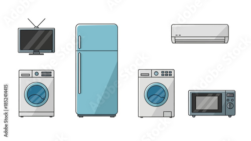A collection of common household appliances including a TV, refrigerator, washing machines, air conditioner, and microwave oven.
