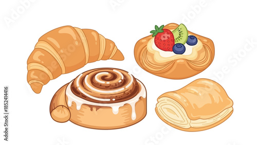 A delightful assortment of freshly baked pastries including a croissant, fruit danish, cinnamon roll, and puff pastry.