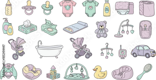 A delightful collection of essential baby items for newborn care and everyday needs, featuring cute illustrations.