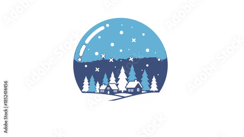 A stylized winter landscape inside a snow globe with falling snow, pine trees, and cozy cabins.