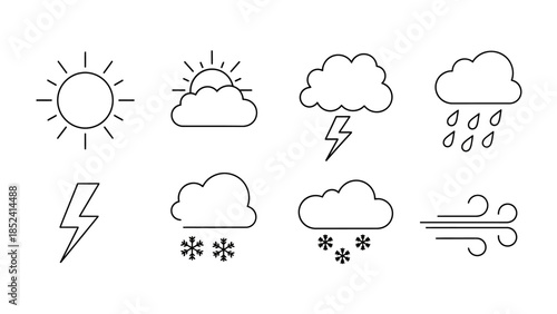 A collection of eight minimalist line art weather icons depicting various atmospheric conditions like sun, clouds, rain, snow, lightning, and wind.