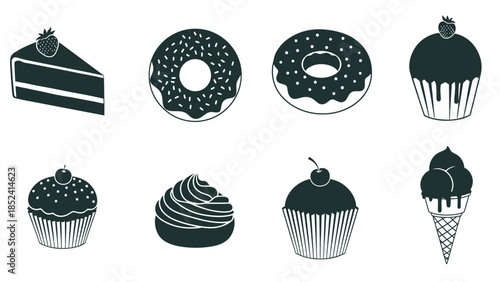 A collection of various sweet desserts including cake, donuts, cupcakes, and ice cream in a monochrome, silhouette style.