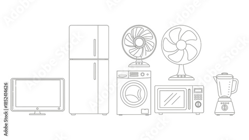 Line art illustration of various household electronic appliances including a TV, refrigerator, washing machine, fans, microwave, and blender.