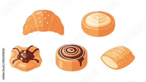 An assortment of freshly baked pastries and sweet breads, including croissants, cinnamon rolls, and Danish.