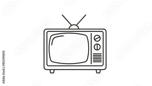 A simple line art drawing of a vintage television set with an antenna and control knobs.
