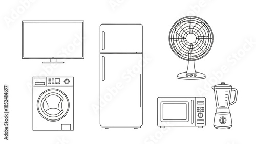 Line art illustration of various household appliances including TV, fridge, washing machine, fan, microwave, and blender.