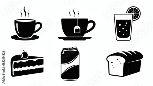 Monochrome vector icons of everyday food and beverage essentials coffee, tea, soda, cake, bread. Ideal for menus and cafe designs
