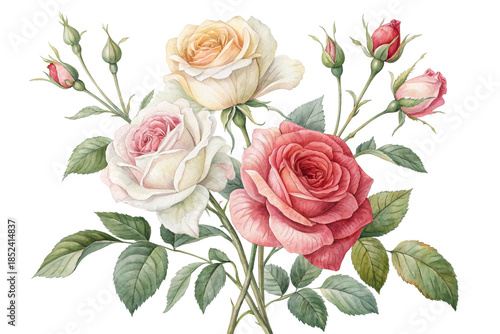 Watercolor-style illustration. Realistic rose illustration. Transparent background. Cutout.