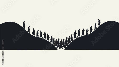 People Crossing Bridge Silhouettes Against Sky.