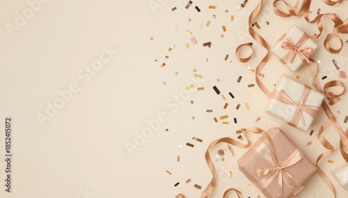 Elegant presents with ribbons and confetti on a beige surface, offering a festive and celebratory atmosphere with copy space.