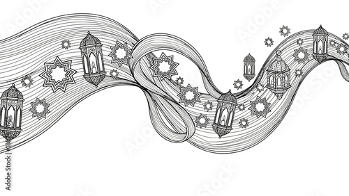 Hand drawn decorative seamless border with lanterns and stars for Ramadan celebrations