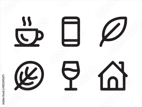 Collection of simple black icons modern life and healthy living, for Coffee, Mobile, Nature, Plant, Drink & Home Icons