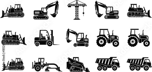 Isometric construction machinery icon set, heavy equipment vehicles collection including excavator, bulldozer, crane, tractor, dump truck for industrial design