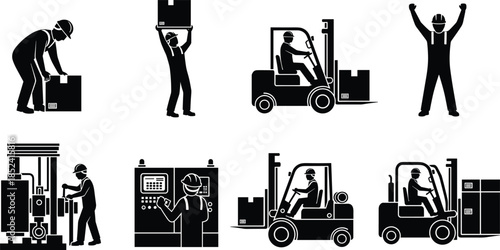 Industrial worker activity icons set, forklift operation and factory labor scenes, warehouse logistics workflow, manufacturing safety symbols, flat black silhouette vector illustration