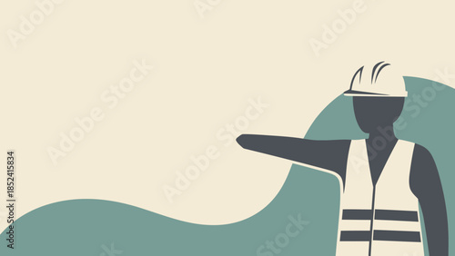 Minimalist construction worker directing traffic illustration with copy space