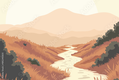 Autumn valley landscape with winding river, distant mountains and warm evening sun, flat vector illustration of tranquil countryside nature, hiking destination and scenic background.