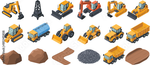 Isometric construction machinery illustration featuring excavators loaders dump trucks materials for building mining infrastructure projects vector design industrial engineering equipment
