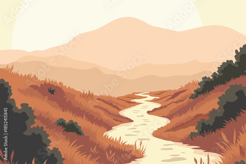 Autumn valley landscape with winding river, distant mountains and warm evening sun, flat vector illustration of tranquil countryside nature, hiking destination and scenic background.