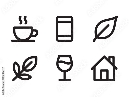 Collection of simple black icons modern life and healthy living, for Coffee, Mobile, Nature, Plant, Drink & Home Icons
