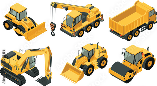 Isometric construction machinery vector illustration set featuring excavator bulldozer crane dump truck loader roller heavy equipment isolated white background design