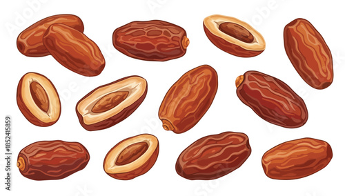 Delicious dates and date slices on transparent background