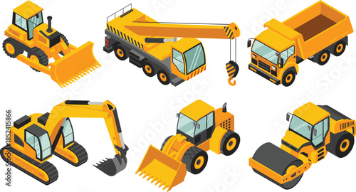 Isometric construction machinery vector set featuring excavator bulldozer crane dump truck loader roller heavy equipment isolated on white background design