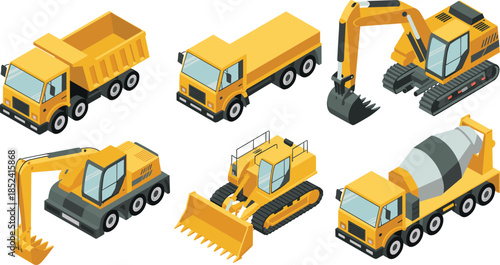 Isometric construction machinery vector set featuring excavator bulldozer dump truck concrete mixer heavy equipment for industrial building projects