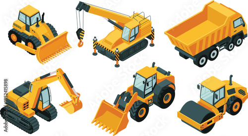 Isometric construction machinery vector set featuring excavator loader crane dump truck roller heavy equipment vehicles isolated on white background
