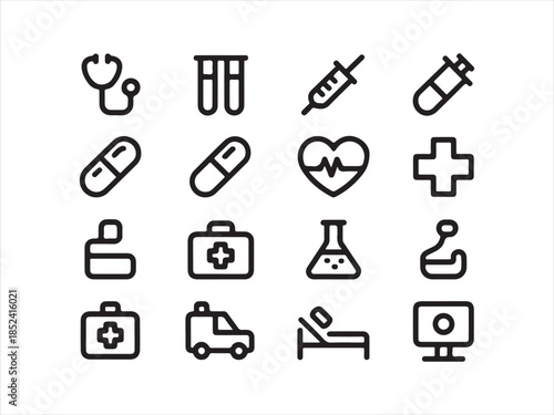 Health-related icons, medical symbols, Medicine and hospital outline icons.