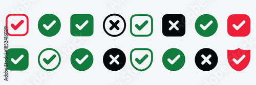 Graphic illustration of safety shield symbols with check mark and exclamation icons representing security and protection