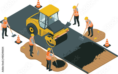 Isometric road construction illustration with workers paving asphalt using road roller, safety cones and tools, modern vector design