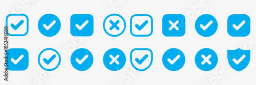 Graphic illustration of safety shield symbols with check mark and exclamation icons representing security and protection