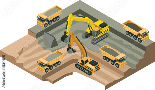 Large excavators and dump trucks operating at terraced mining quarry construction site with heavy industrial earthmoving machinery equipment excavation and transport