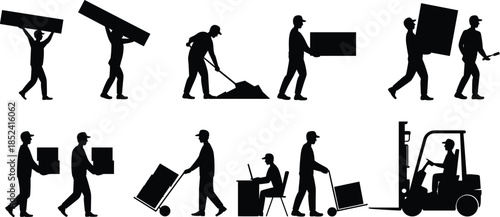 Manual labor and warehouse worker silhouettes set, material handling activities including lifting carrying pushing forklift operation, industrial logistics workflow, flat vector illustration isolated