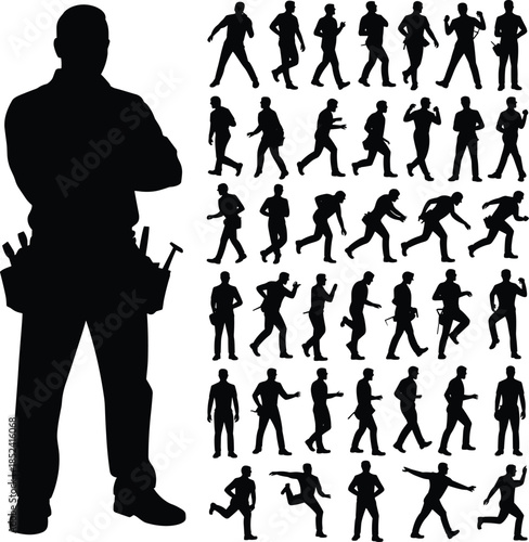 Military soldier silhouette action pose set, armed tactical guard figure collection, black vector illustration isolated on white background for security design